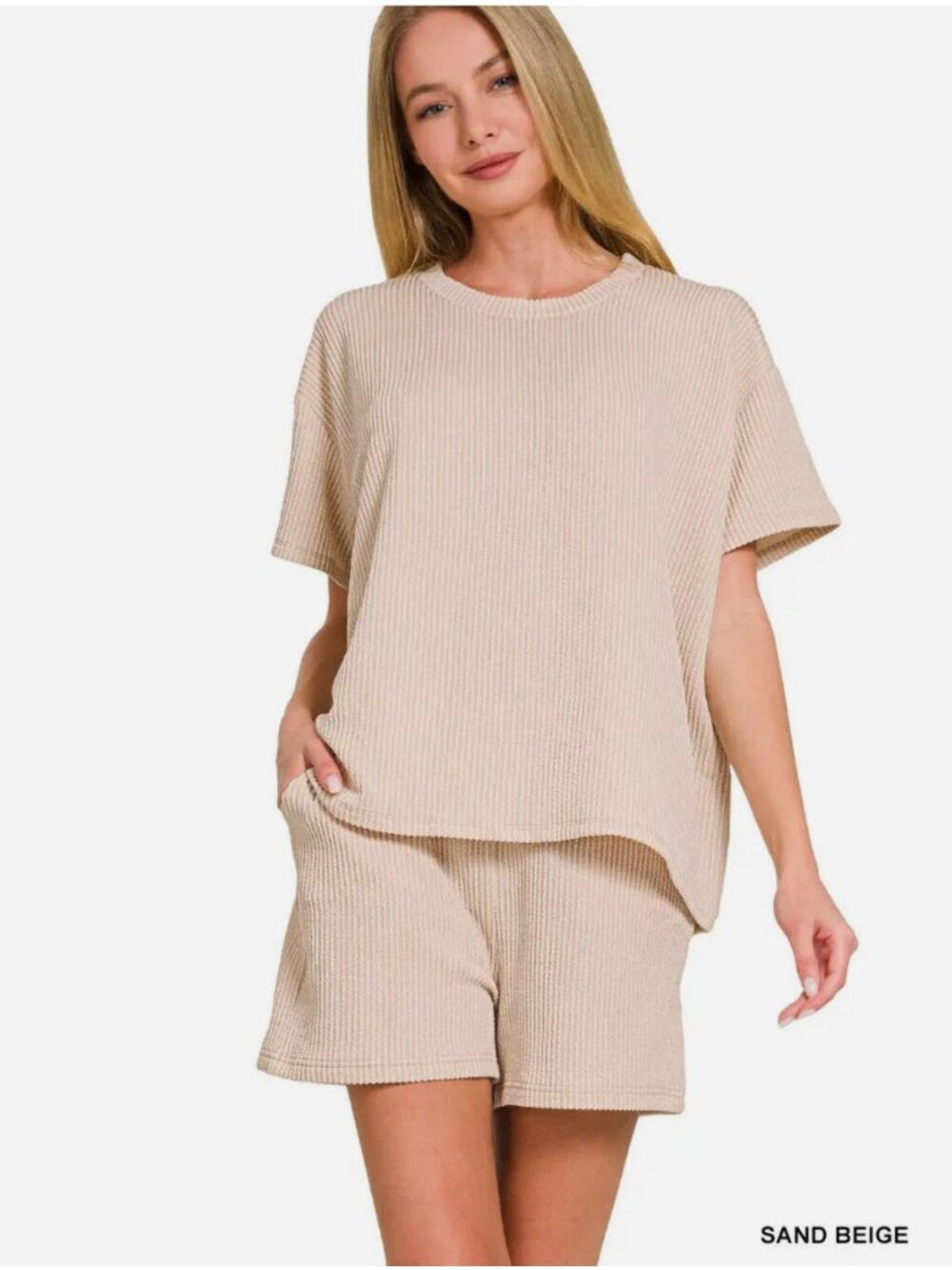 Zenana Women's Raised Rib Short Sleeve Tee & Shorts Set Sand Beige LARGE